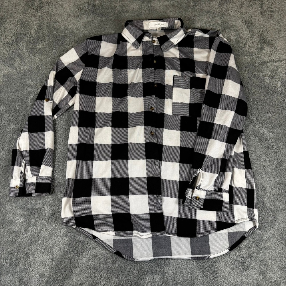Eden & Olivia Womens Buffalo Plaid Button Down Shirt Black White Roll Tab Medium